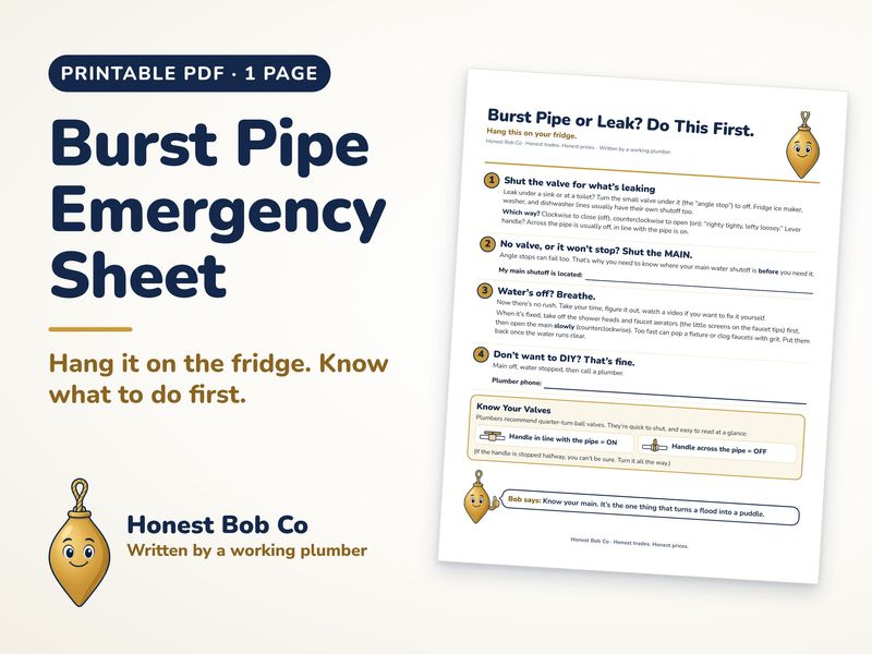 Burst Pipe Emergency Sheet printable, one page